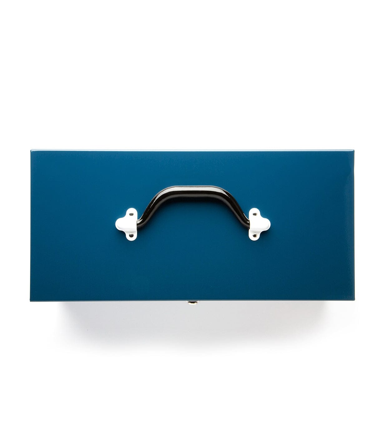 A blue metal toolbox with a black handle, viewed from above.