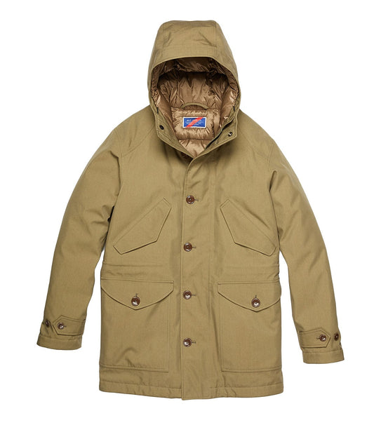 A beige hooded jacket with four front pockets and a button closure. The interior features quilted lining for added warmth.