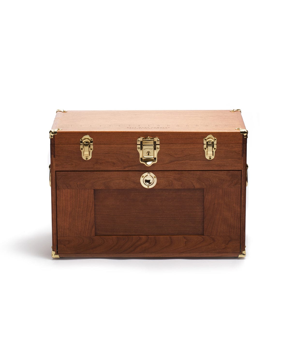 Wooden chest with brass corner protectors and three clasps. Secure lock on the front. .