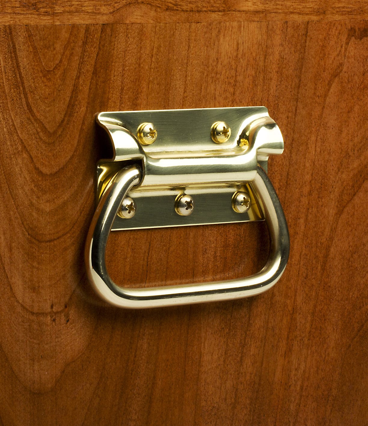 A brass handle with four screws is mounted on a wooden surface.