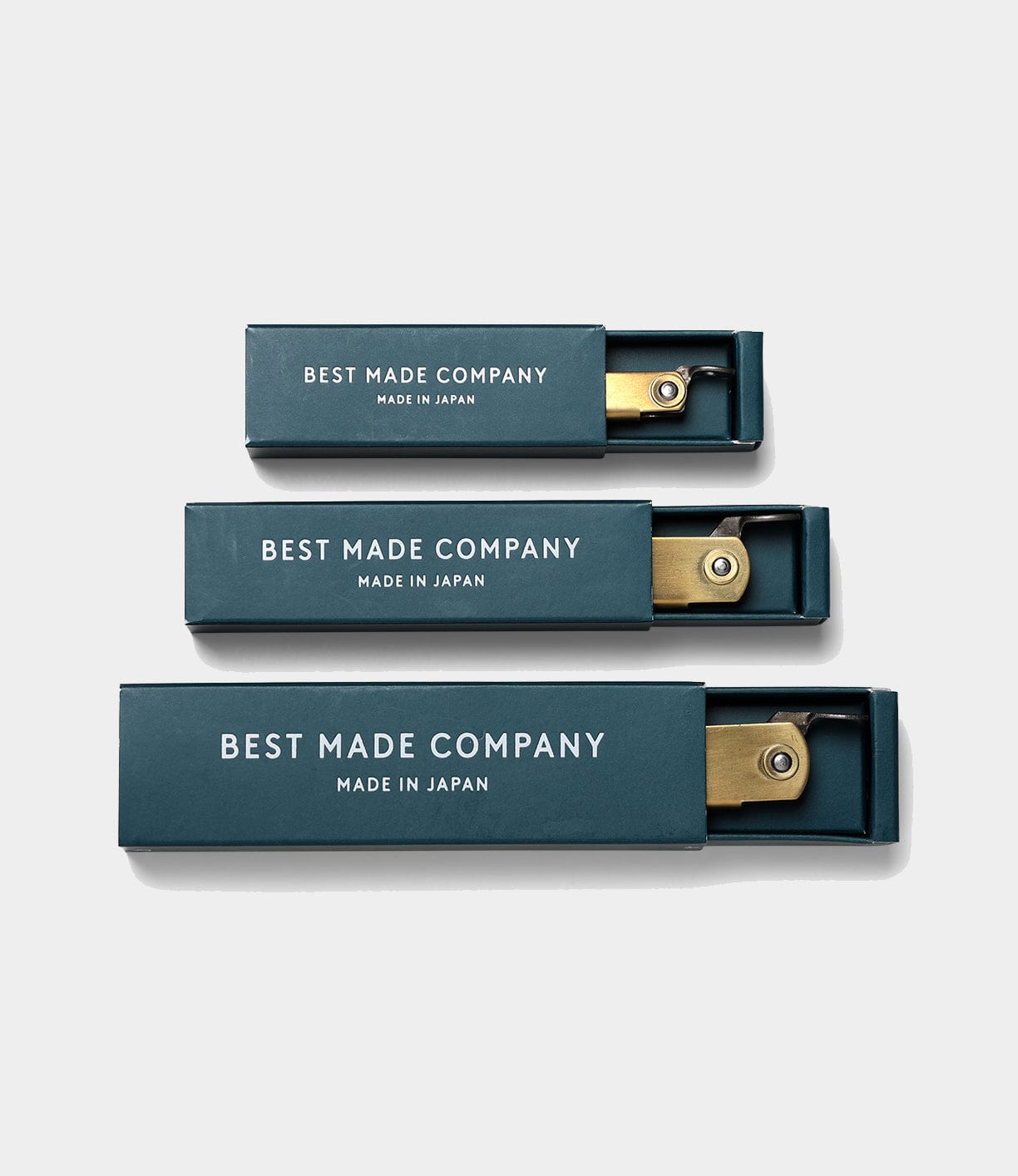 Three green boxes labeled Best Made Company, Made in Japan contain gold and silver measuring tools arranged in descending order.