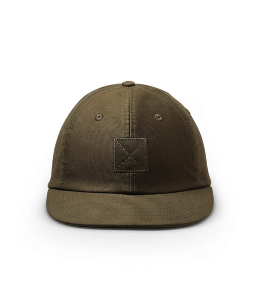 Olive green baseball cap with a plain front and a small stitched square patch in the center.