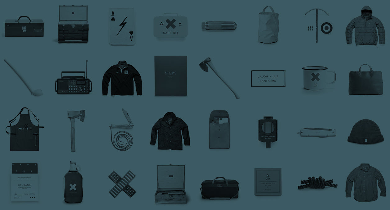 A series of items including jackets, tools, bags, a radio, and other miscellaneous gear arranged in a grid pattern against a neutral background.