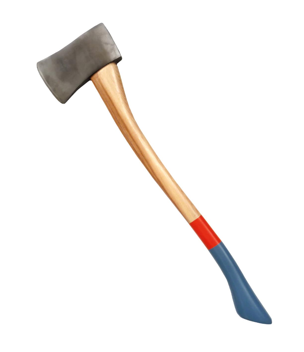 Wooden-handled axe with a blue and red painted grip and a steel blade.