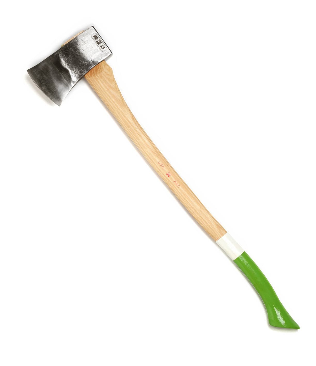 A single-bladed axe with a wooden handle, featuring a green grip and a white section near the blade.