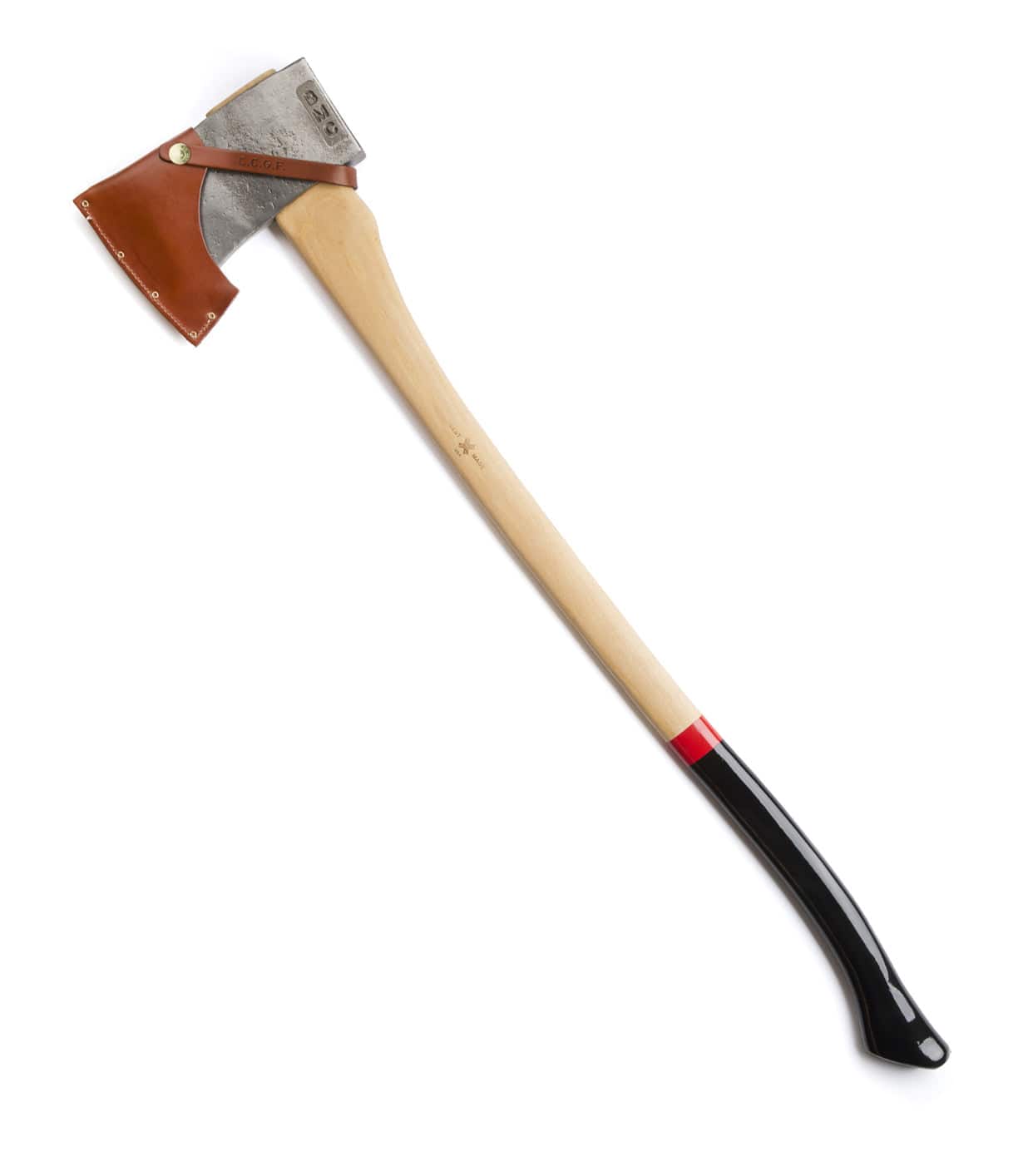 A single-bladed axe with a wooden handle, black grip at the bottom, and a leather cover on the blade.