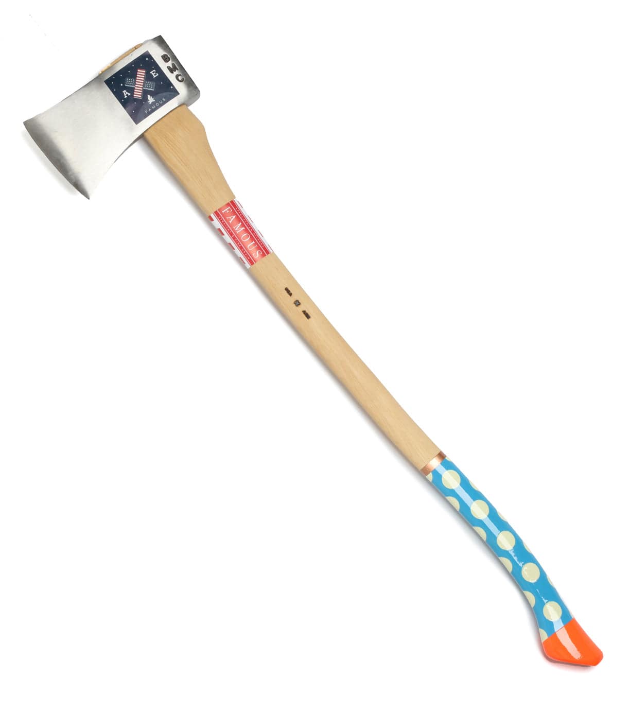 A single-bladed axe with a wooden handle, featuring a painted blue and white polka dot design with orange accents at the end of the handle.