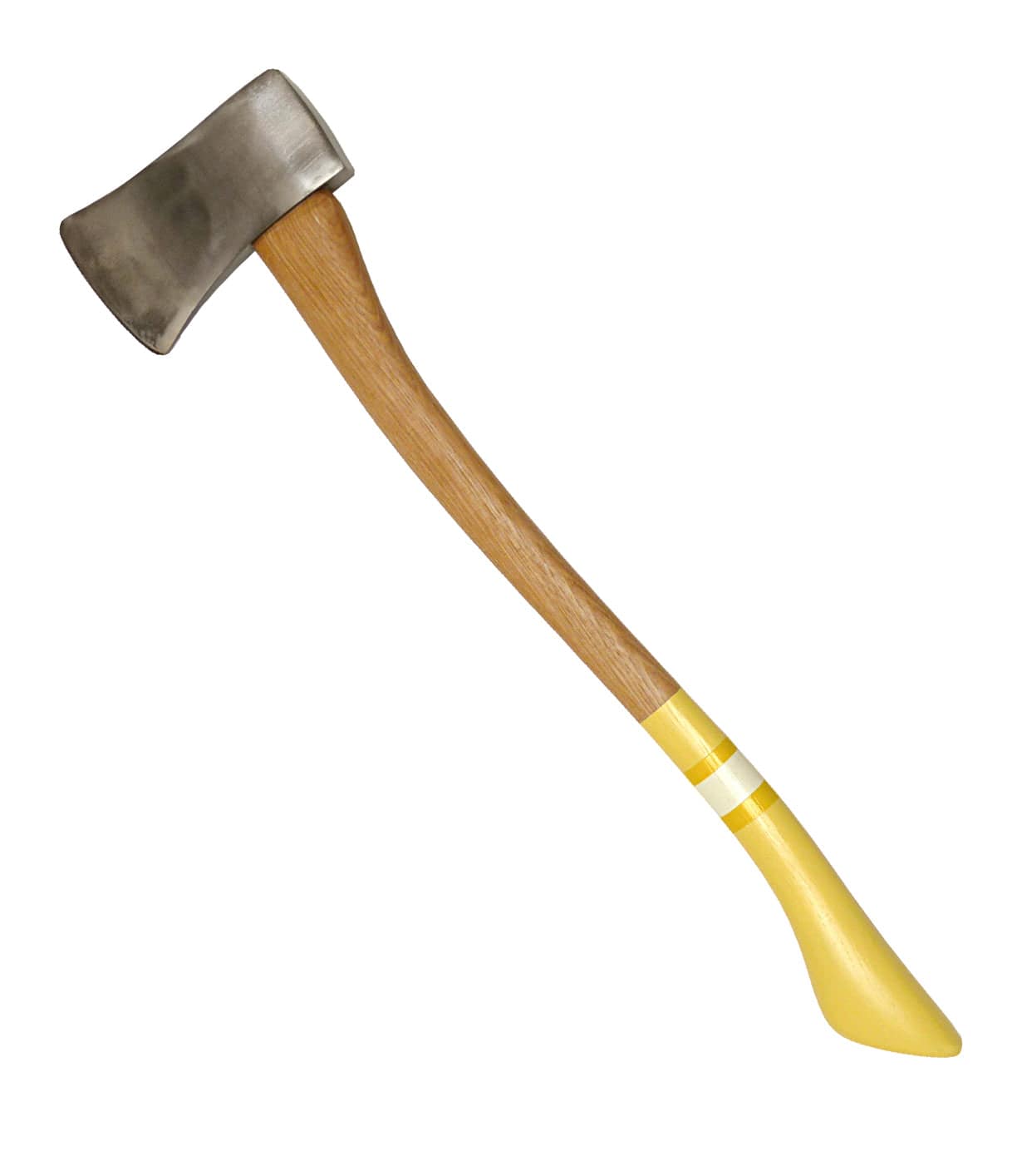 A single-blade axe with a steel head and a wooden handle accented by yellow paint near the base and blade.