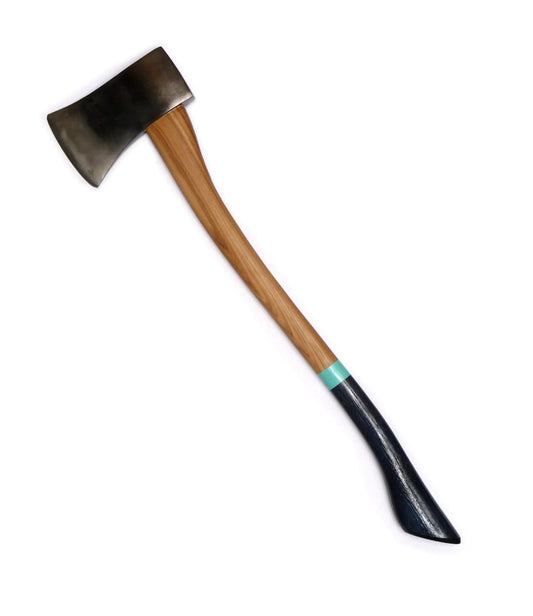 A single-bladed axe with a wooden handle featuring a blue grip at the base and a steel head.