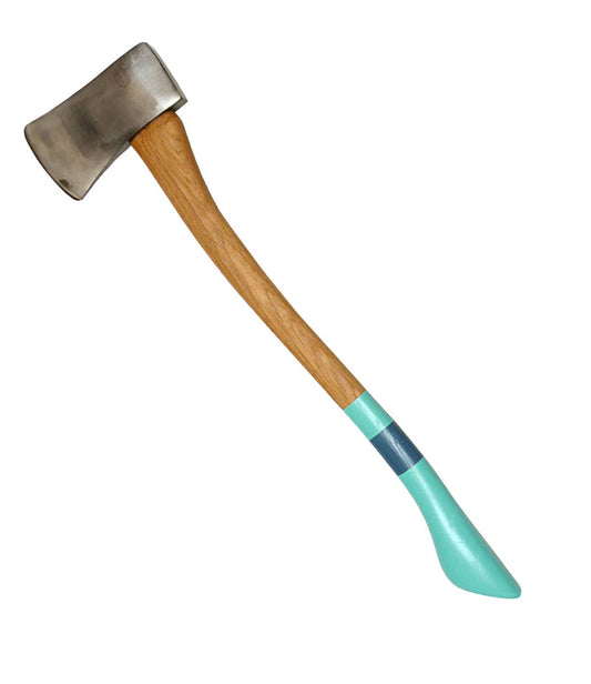 A single-bladed axe with a steel head, a wooden handle, and a light teal grip at the end of the handle.