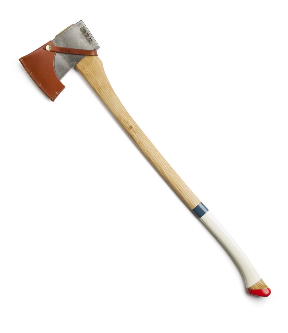 A long-handled axe with a red-tipped wooden handle, a metal head with a leather sheath covering the blade.