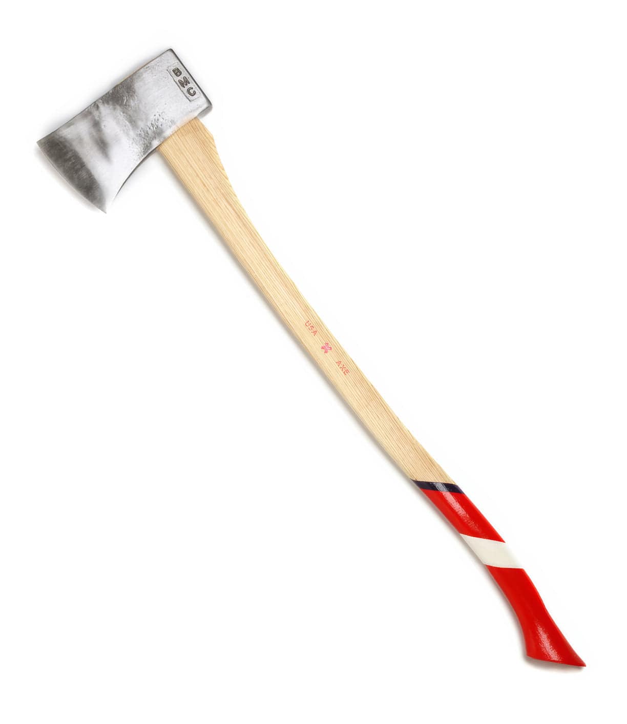 A single-blade axe with a wooden handle featuring red, white, and blue stripes at the end.