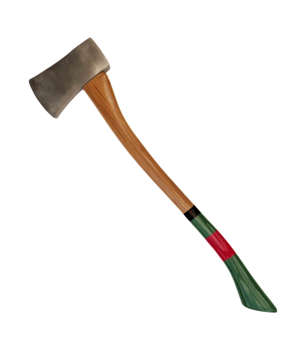 An axe with a wooden handle painted in green and red at the lower part and a steel blade at the top.