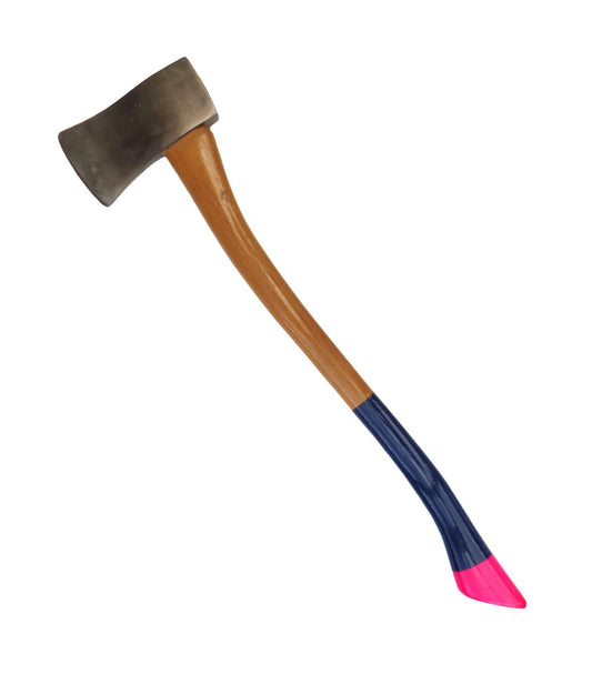 An axe with a wooden handle painted blue and pink on the bottom, and a silver metallic blade.