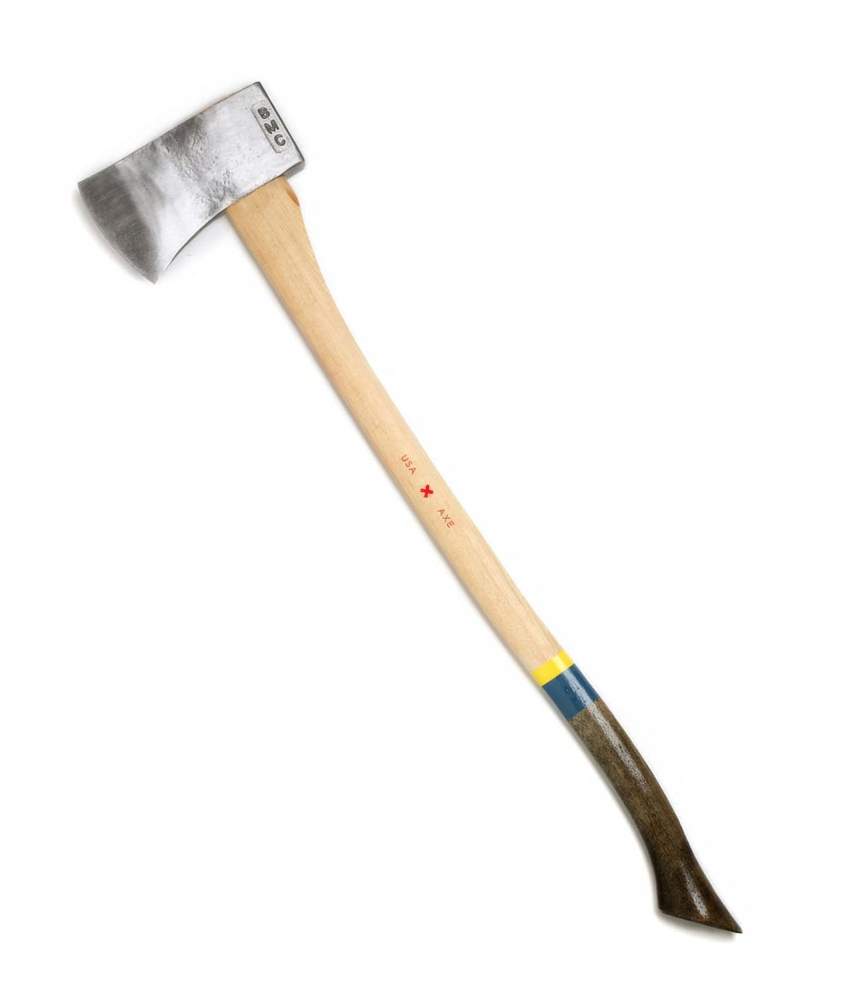 A wooden-handled axe with a metal head, featuring yellow and blue stripes near the bottom of the handle.