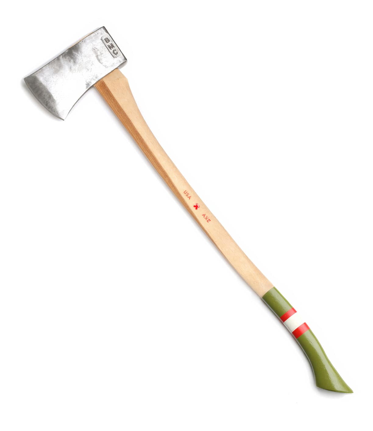 A wood-handled axe with a silver blade and a green, red, and white trimmed grip, is shown against a white background.