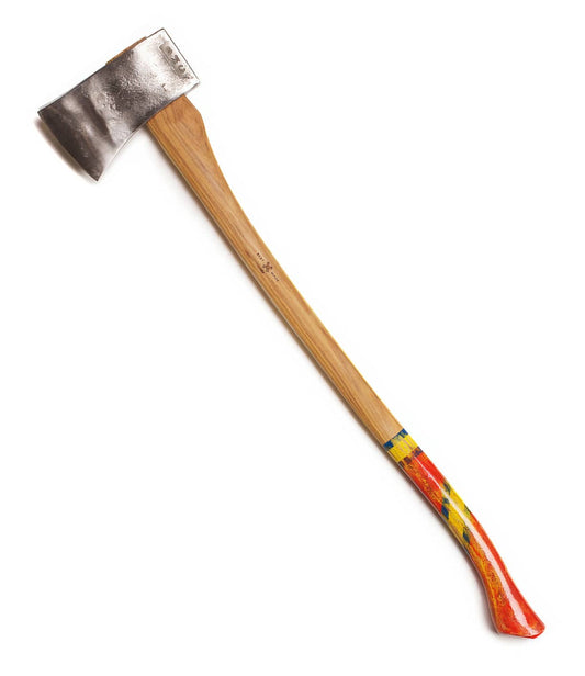 A single-bladed axe with a polished metal head and a wooden handle painted with red, yellow, and blue stripes, shown against a white background.