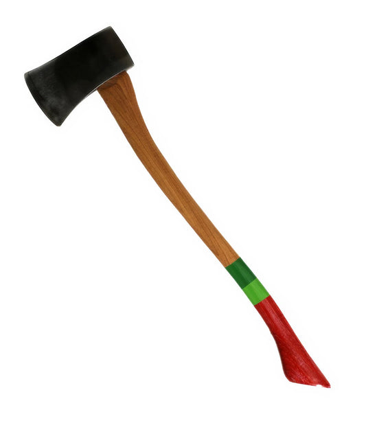 A single-bladed axe with a black head, wooden handle, and a red and green painted section near the bottom.