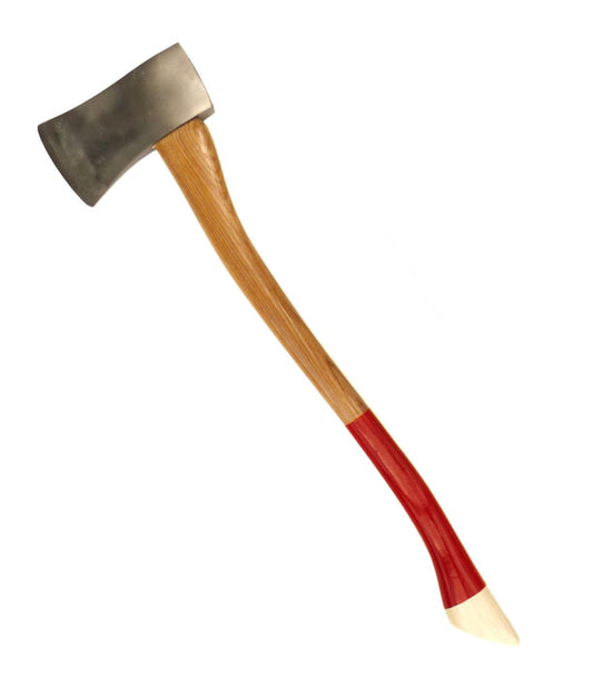 An axe with a wooden handle, featuring a silver blade and a red-painted section on the lower part of the handle.