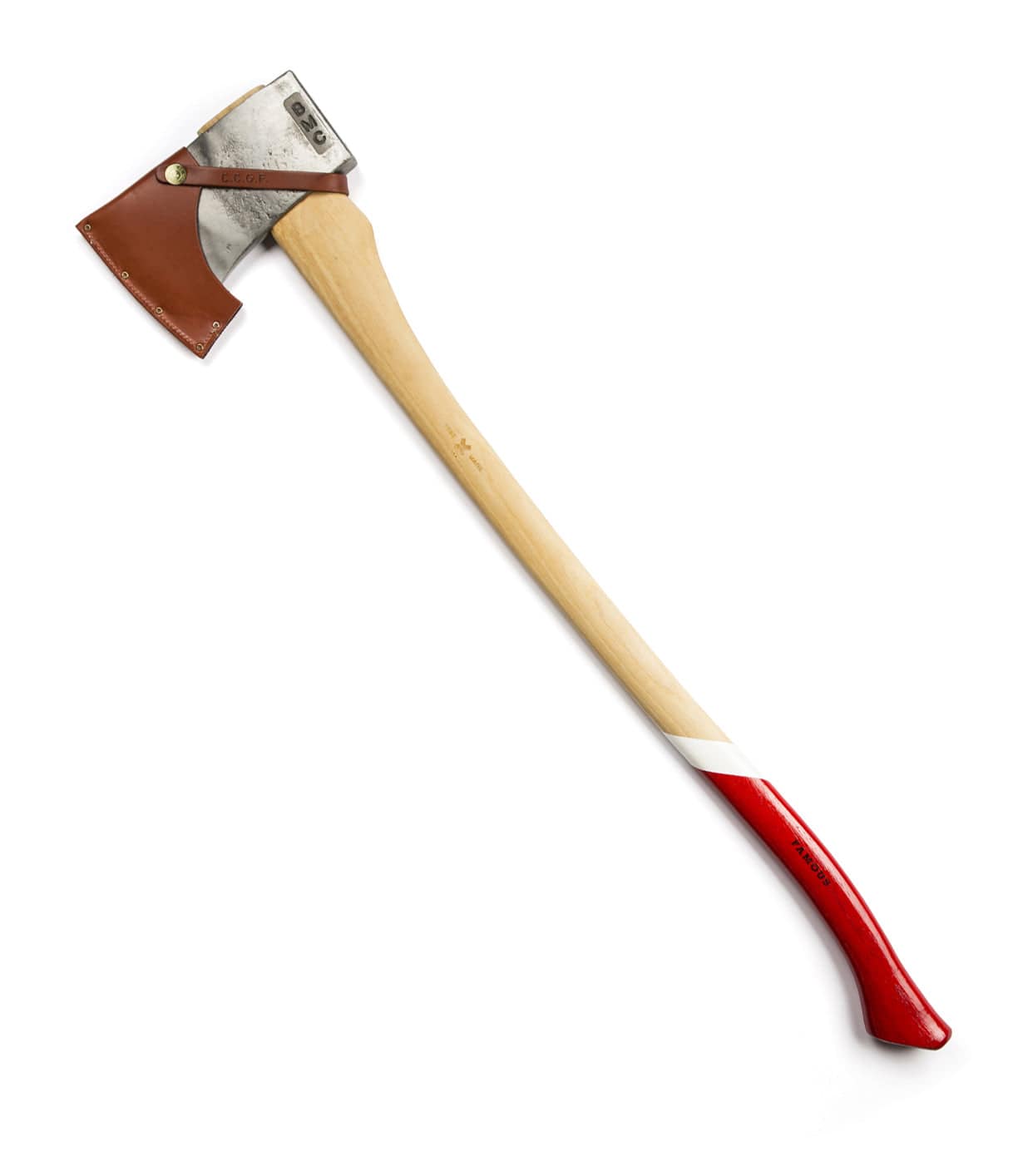 A single-bladed axe with a long wooden handle, a metal head, and a red and white lower grip. The blade is covered with a brown leather sheath.