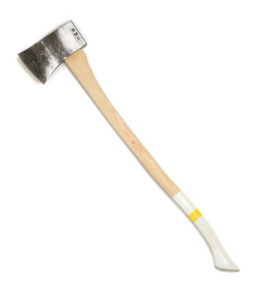 A single-bladed axe with a steel head and a wooden handle. The handle has a white and yellow grip at the bottom.