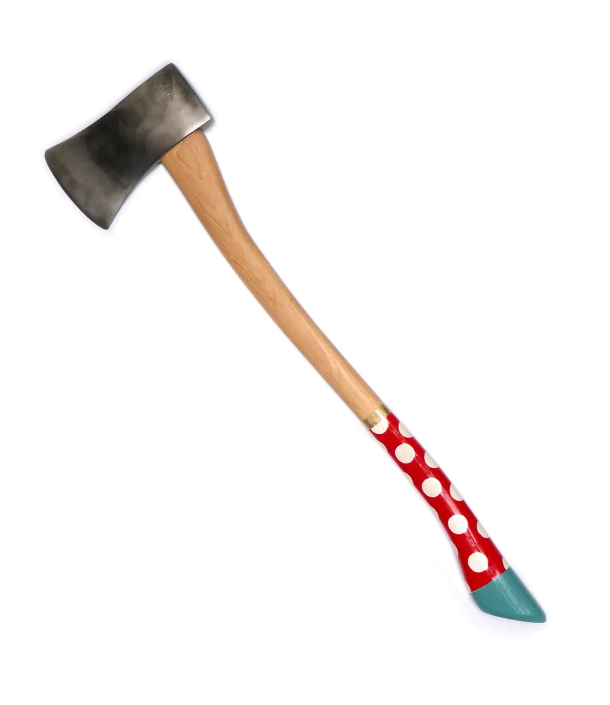 A wooden-handled axe with a polished metal head, featuring a red lower handle with white polka dots and a blue tip.