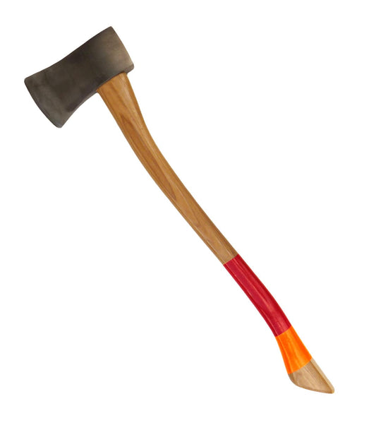 A single-handled axe with a wooden handle painted red and orange near the blade and grip.