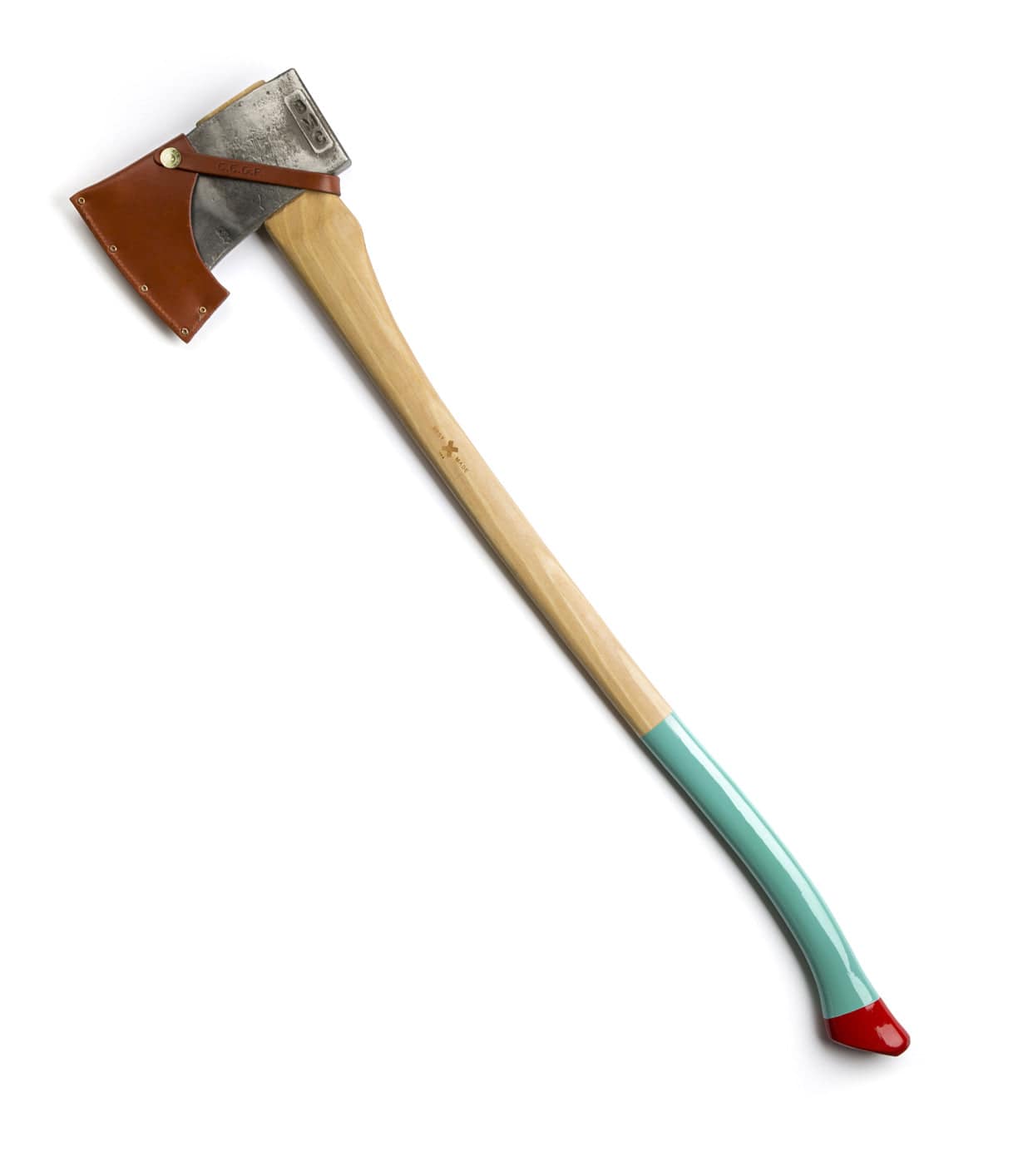 An axe with a wooden handle, a teal section near the bottom, and a red-tipped end. The blade is covered with a brown leather sheath.