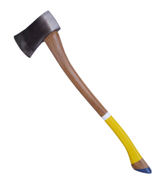 A single axe with a wooden handle, featuring a yellow grip and a blue end, and a metallic blade.