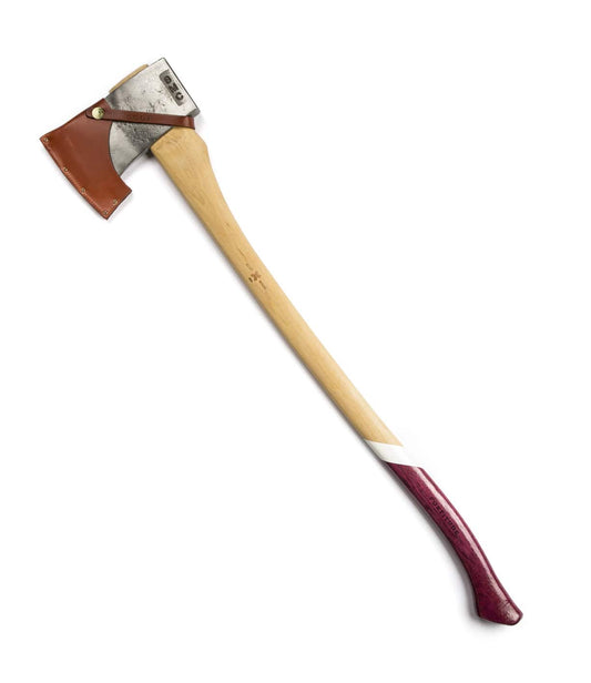 Wooden-handled axe with a metal head, covered by a brown leather sheath, and a maroon handle bottom with a white diagonal stripe.