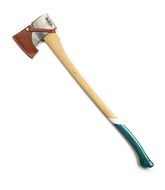 A long-handle axe with a wooden shaft, teal and white painted end, and a metal head partially covered by a brown protective leather sheath.