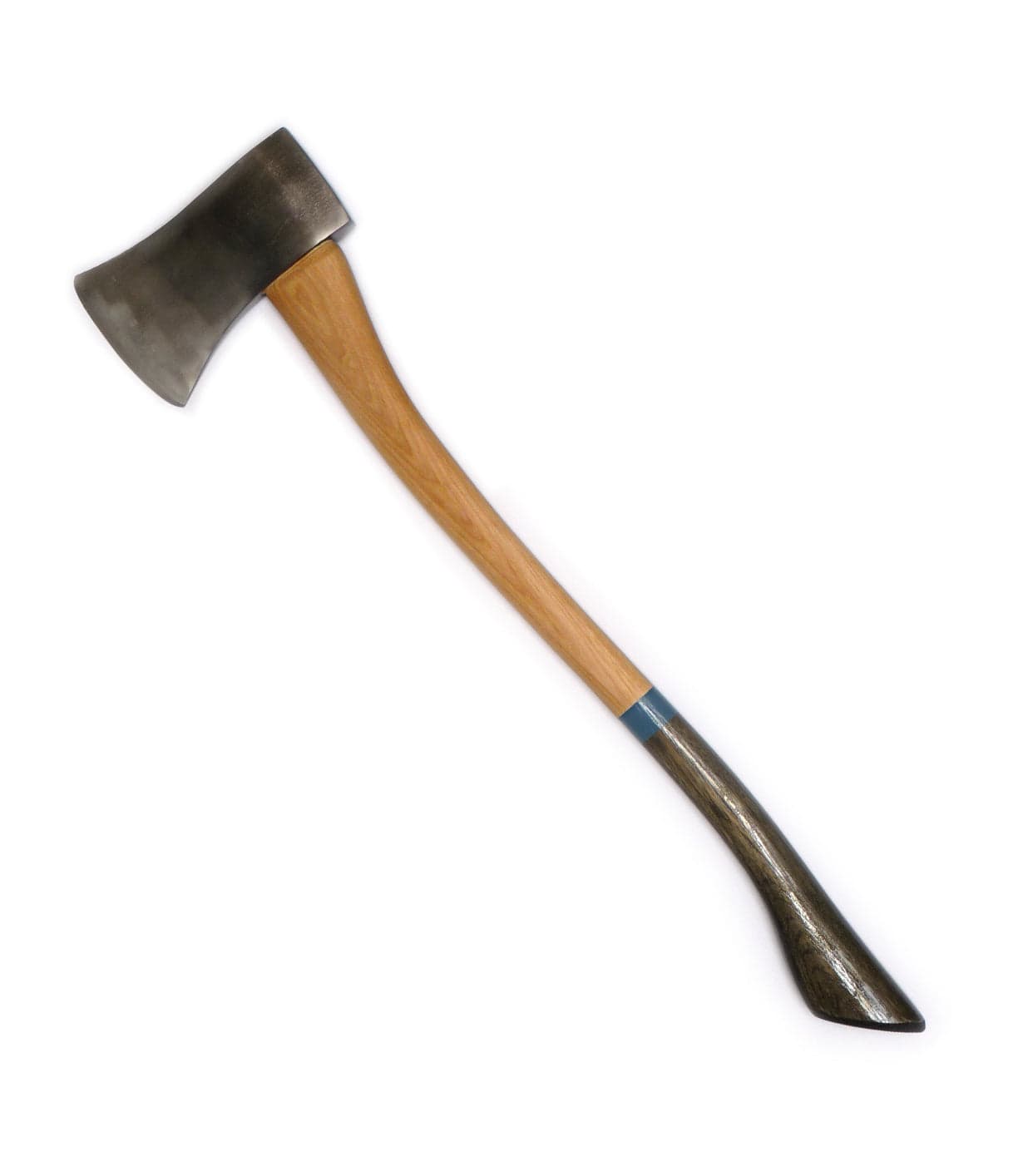 An axe with a metal head and a wooden handle. The handle has a blue stripe near the head.