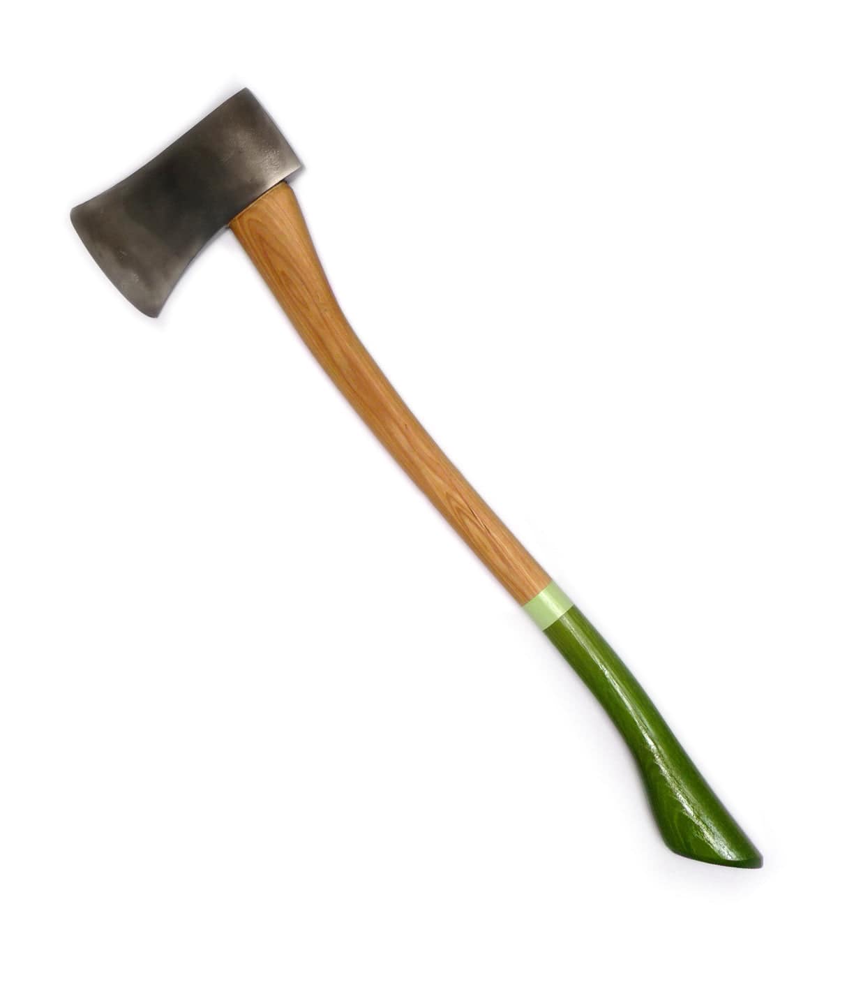 A wooden-handled axe with a green grip and a metal blade is centered on a white background.