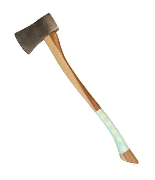 A wooden-handled axe with a metal head. The handle is decorated with a section painted in a light blue color with yellow polka dots.