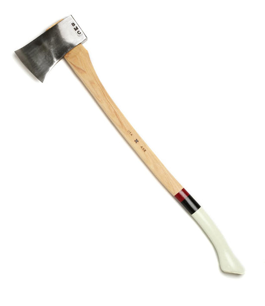 A single-blade axe with a wooden handle featuring a painted white and red grip, and a silver blade.