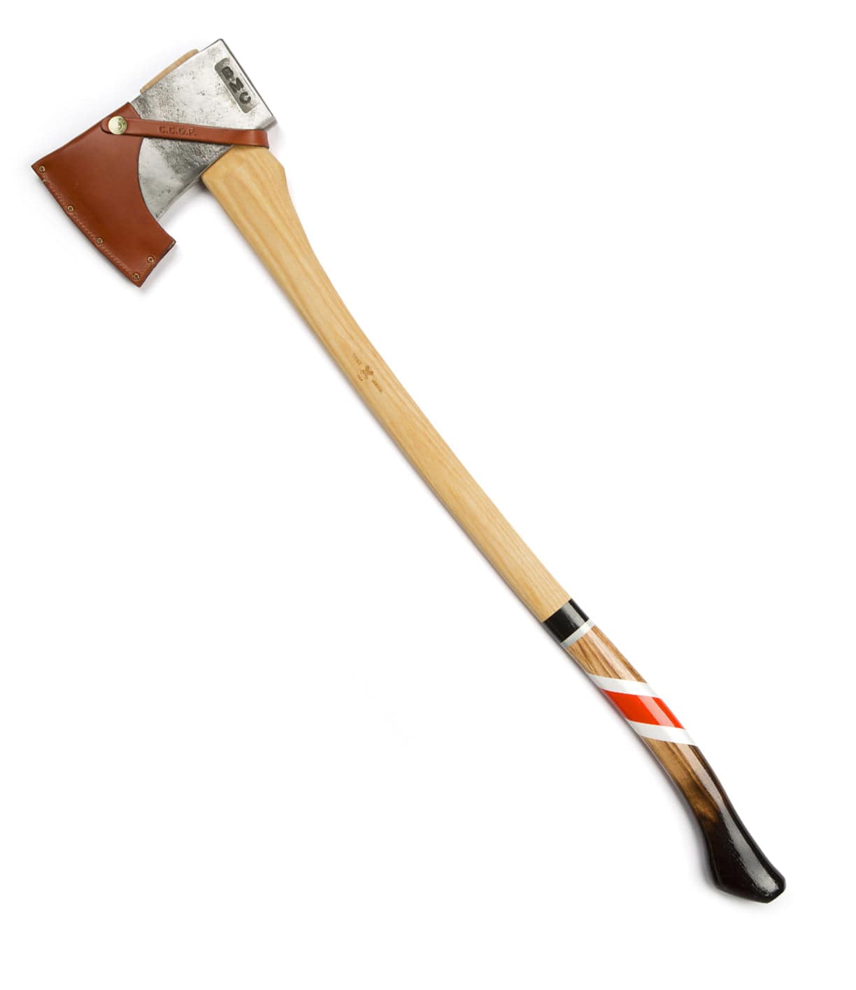 A long-handled axe with a polished wooden handle, a silver blade, a protective leather sheath, and a painted red, black, and white stripe design near the base of the handle.