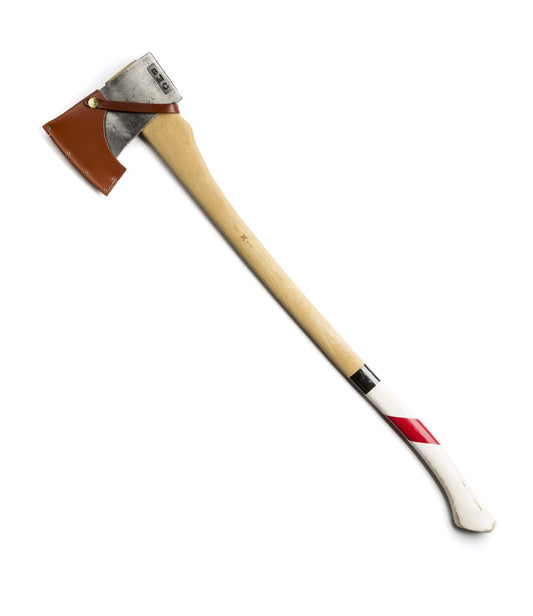 A long-handled axe with a light wooden handle, partial red and white paint, and a silver blade covered by a brown leather sheath.