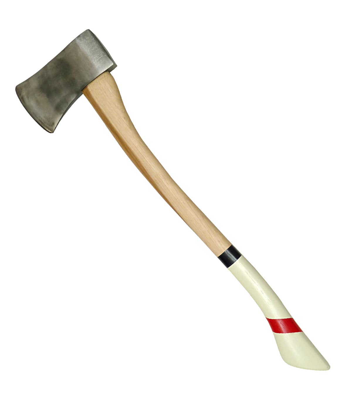 A single-blade axe with a wooden handle, featuring red, black, and white stripes near the bottom of the handle.