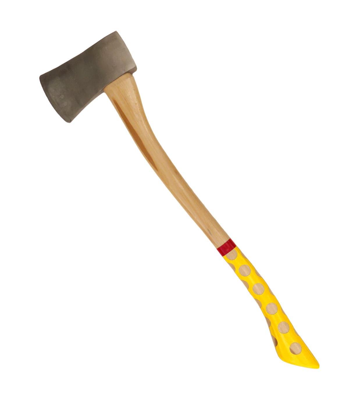 Wood-handled axe with a metal blade and a handle painted yellow with circular cutouts and a red stripe.