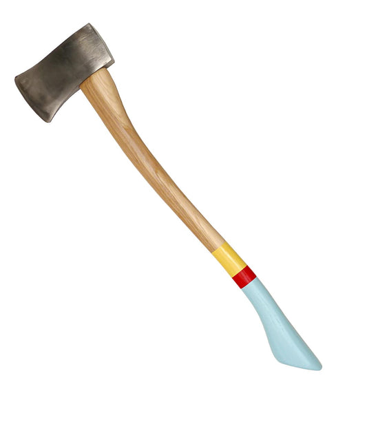 A single axe with a wooden handle painted in yellow, red, and blue near the base, and a steel head.