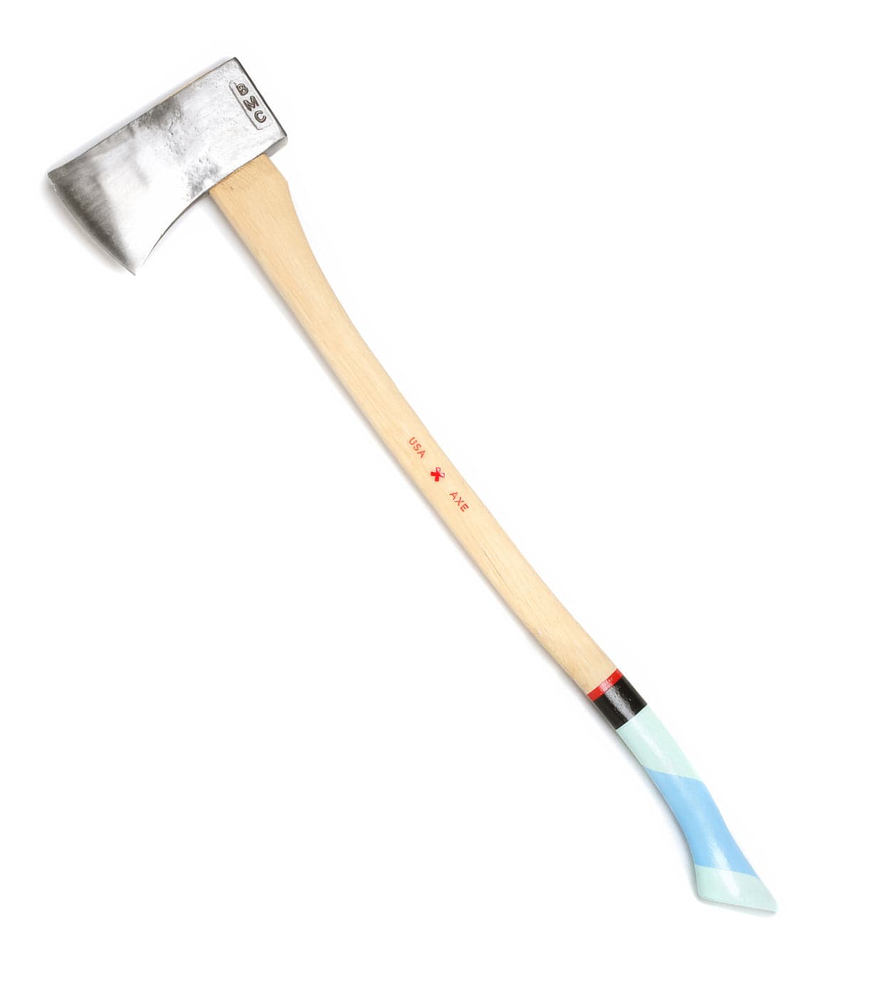 Image of an axe with a wooden handle, featuring a metallic head and a painted lower handle section in light blue and white. Red text is printed on the handle.