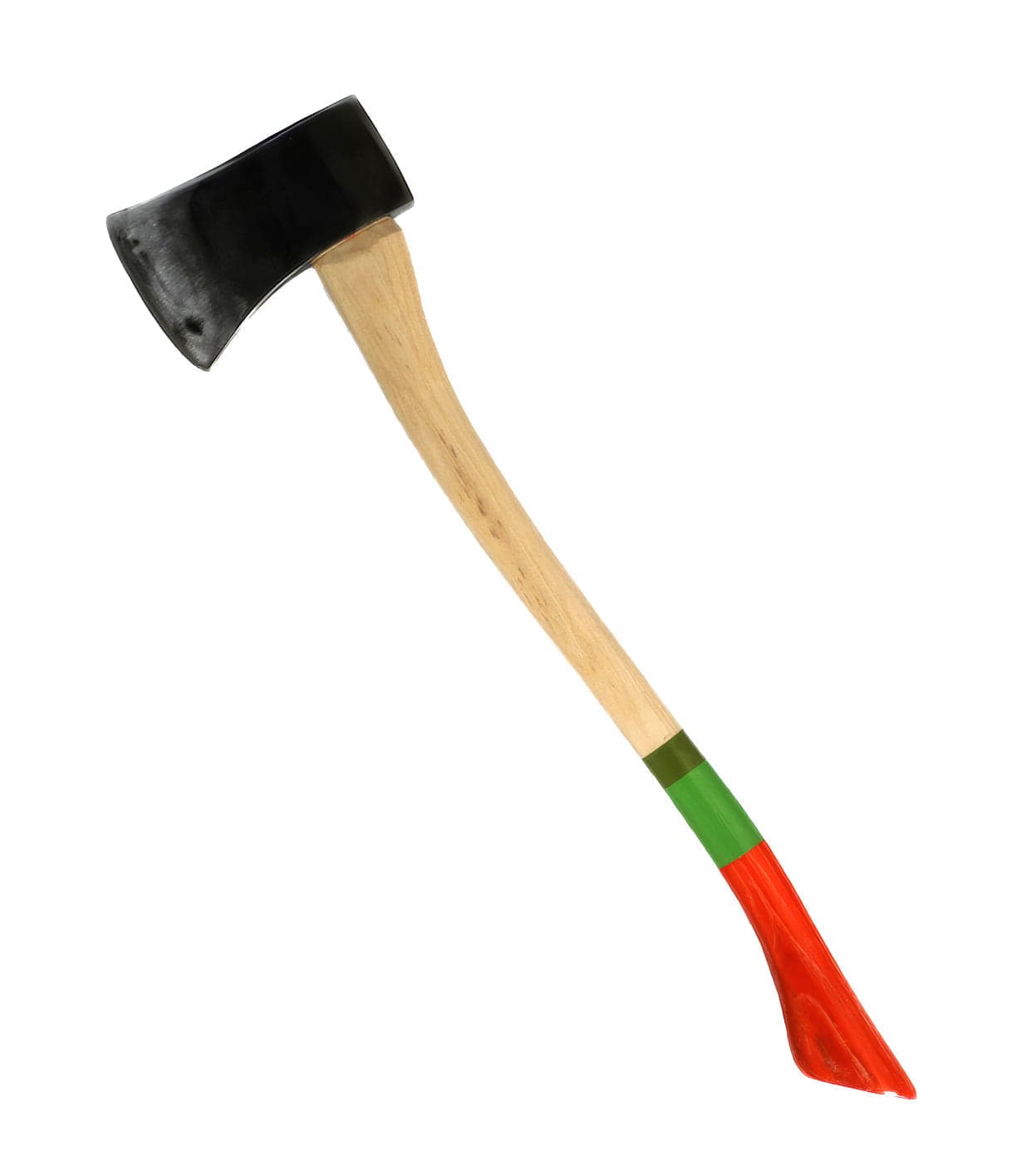 A wooden-handled axe with a black blade, green grip wrap, and a red painted handle tip, isolated on a white background.