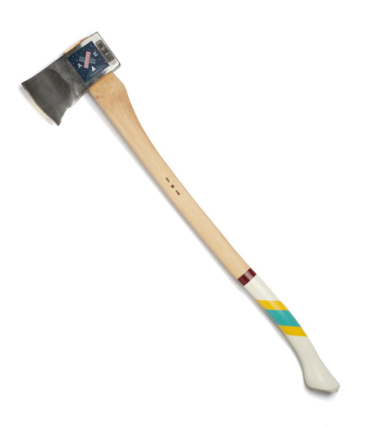 A wood-handled axe with a metal blade and a painted handle featuring stripes of yellow, blue, and white.