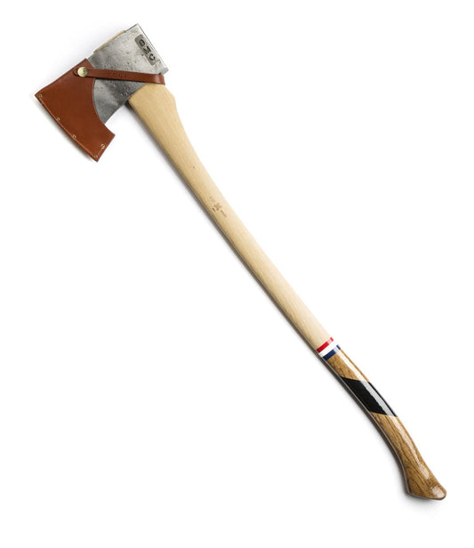 A single axe with a wooden handle, a metal head, and a leather cover on the blade.