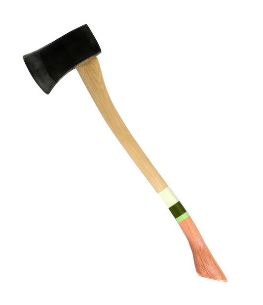 A single-bladed axe with a wooden handle, black head, and a painted section near the blade and at the bottom of the handle.