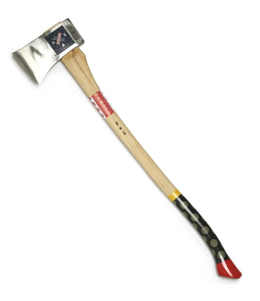 A single-bit axe with a wooden handle, a polished metal head, and a red and black grip section on the lower handle.