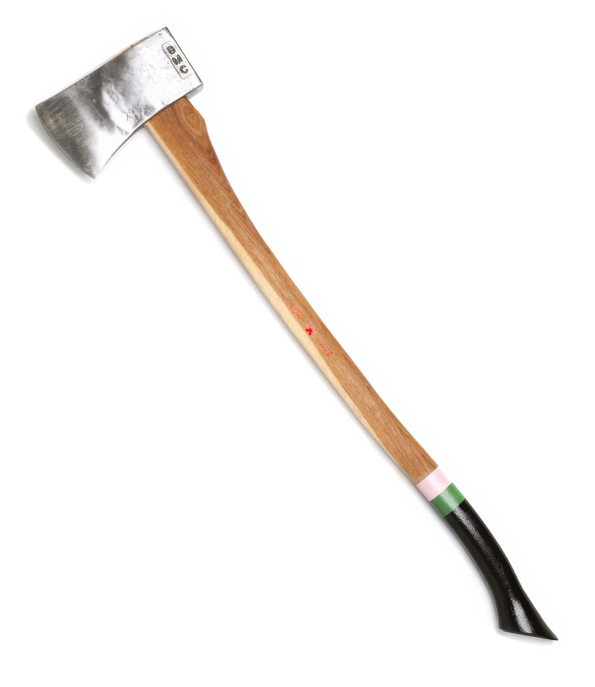 A single-blade axe with a wooden handle featuring colored sections in pink, green, and black is shown against a white background.