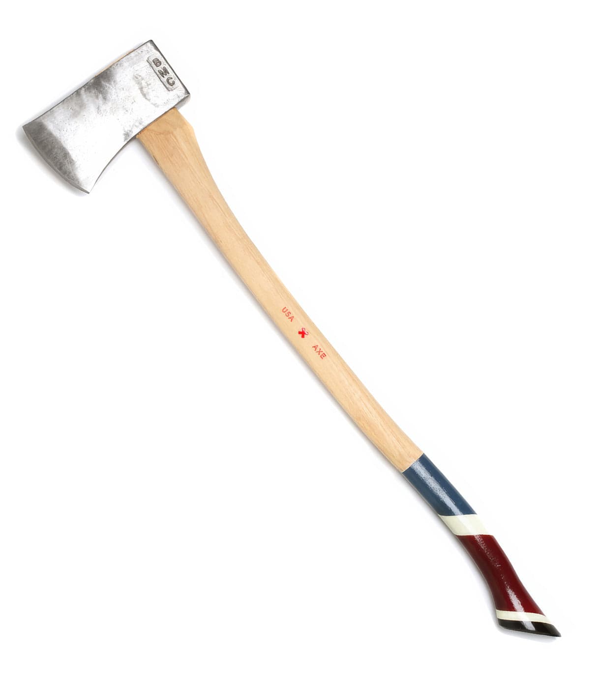 A metal axe with a wooden handle, featuring blue, red, and white paint at the bottom end.