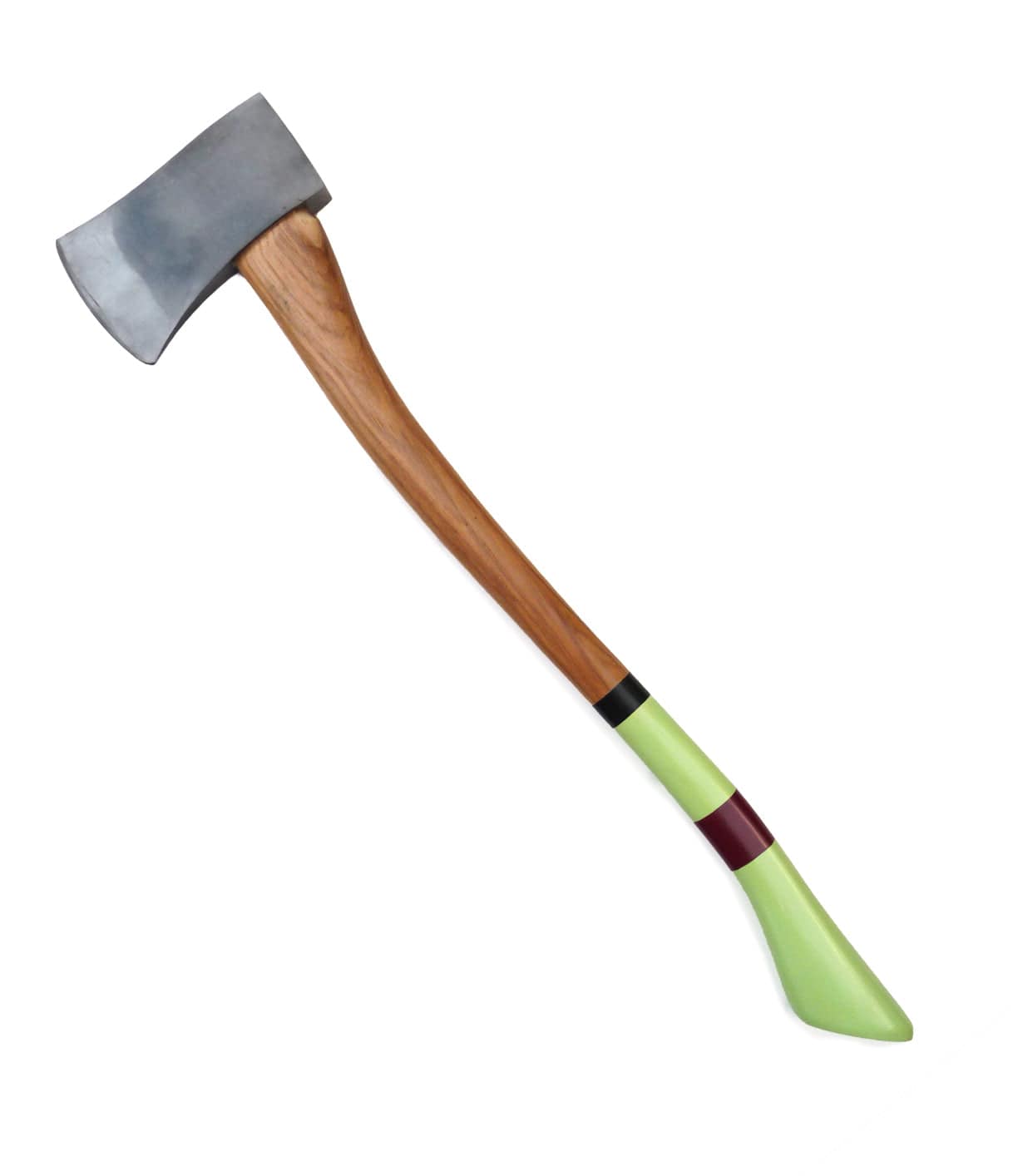 Image of an axe with a polished metal blade and a wooden handle. The handle is painted green on both ends.