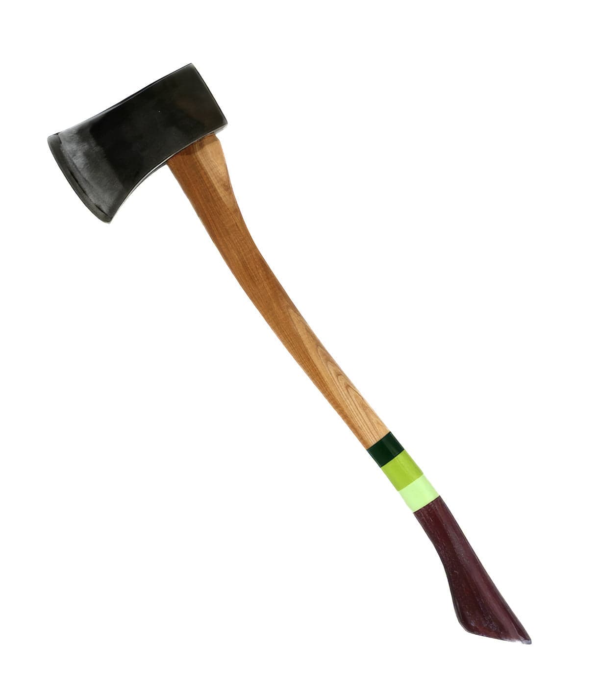 Image of a single-blade axe with a wooden handle and a black metal head, featuring green and yellow stripes near the handle's base.